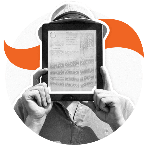 man holding e-reader in front of his face