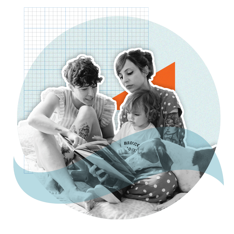 Female couple sitting on bed, reading to child