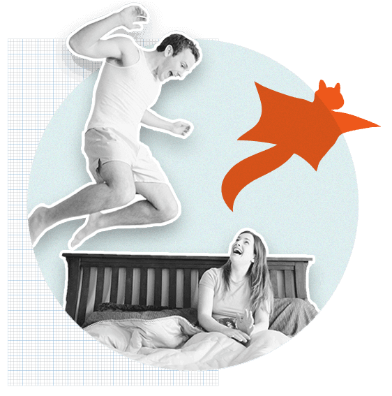 Male jumping on bed with women sitting in bed. Launchpad logo included.