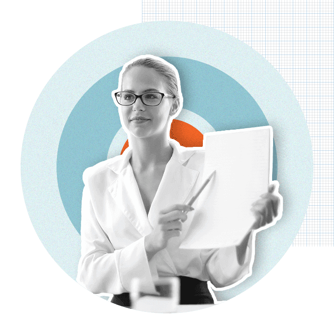 Woman holding document up and pointing to it with a pen