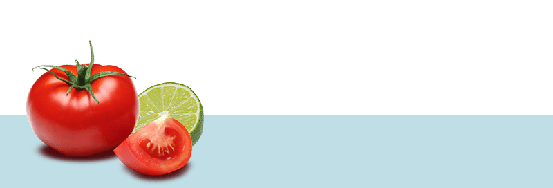 Blue banner image with tomatoes and slice of lime on left hand side